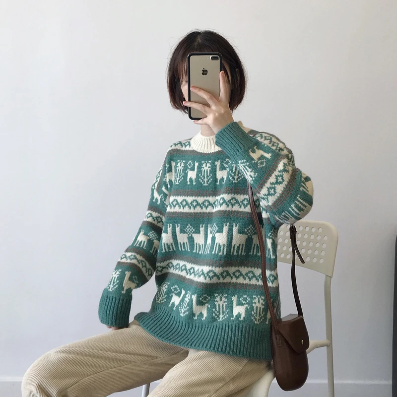 Women's Round Neck Christmas Sweater Temperament New Autumn Winter Loose Jacquard Knit Student Pullover Women ML162 | Женская одежда