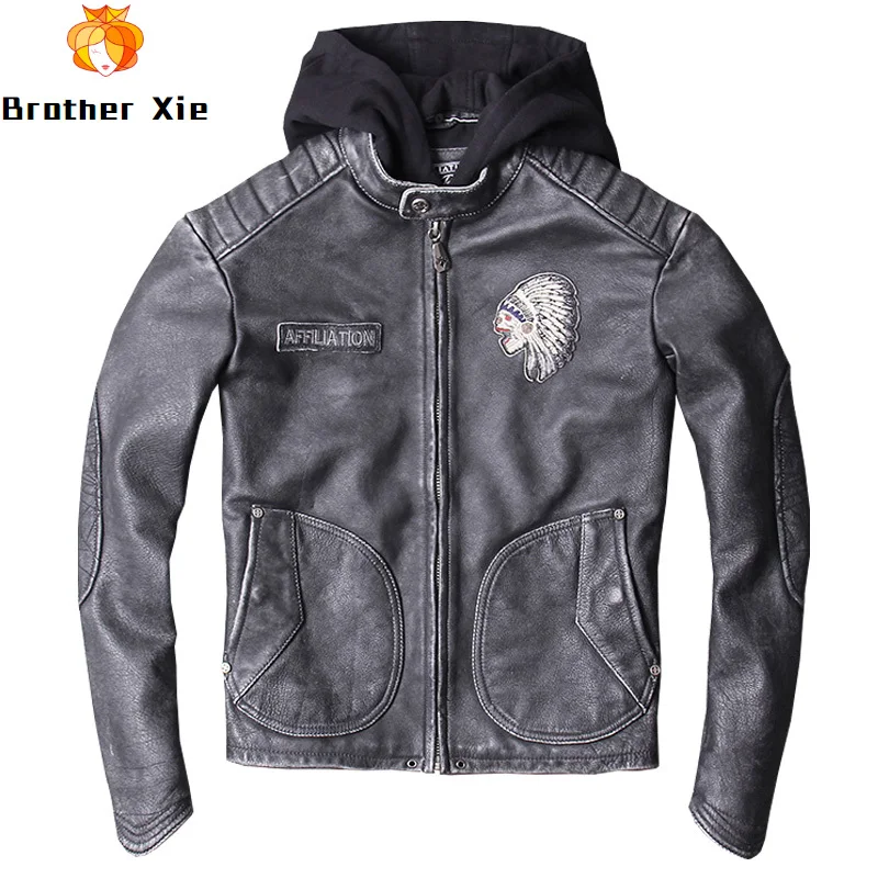 

Indian Embroidery Genuine Cowhide Leather Jacket Men Hooded Pleated Slim Real Leather Jacket for Male R3240