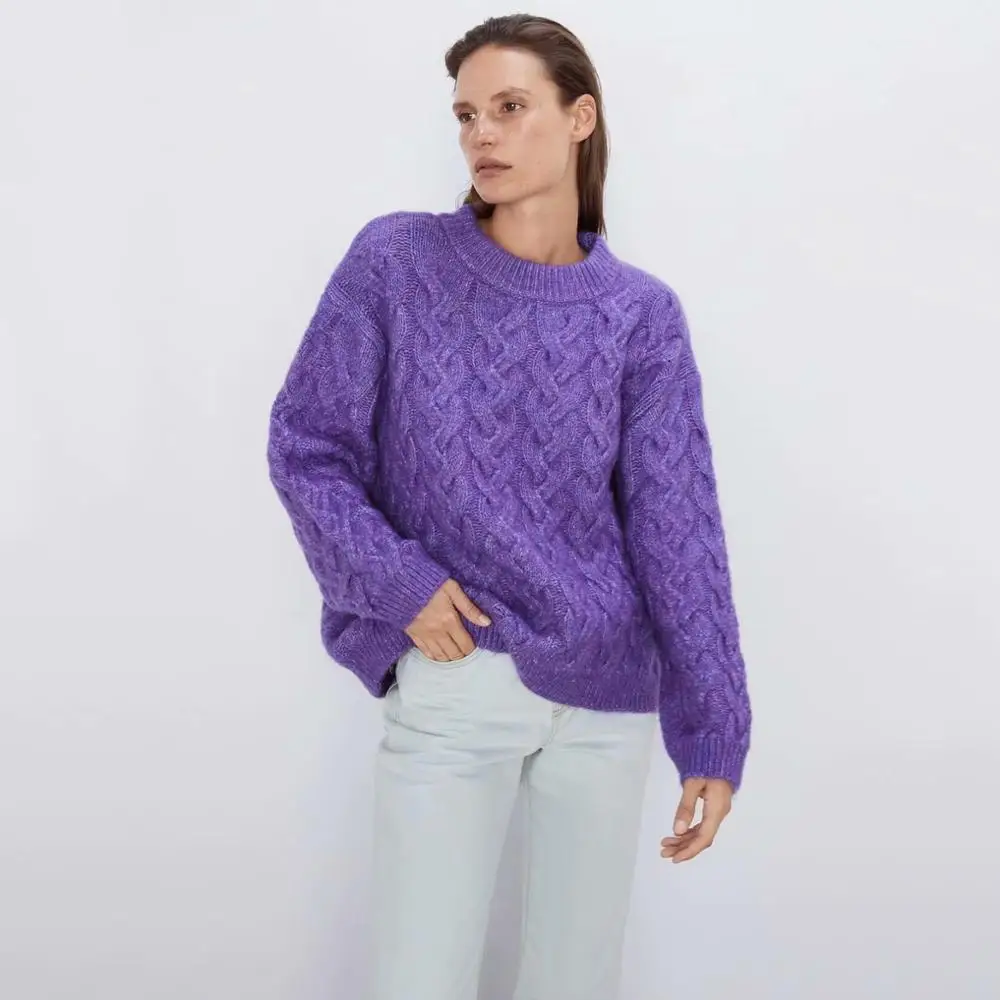 ZA Fashion Twisted трикотажные Фиолетовые женские свитера с круглым вырезом и длинным рукавом Осень Зима повседневный элегантный джемпер свитер