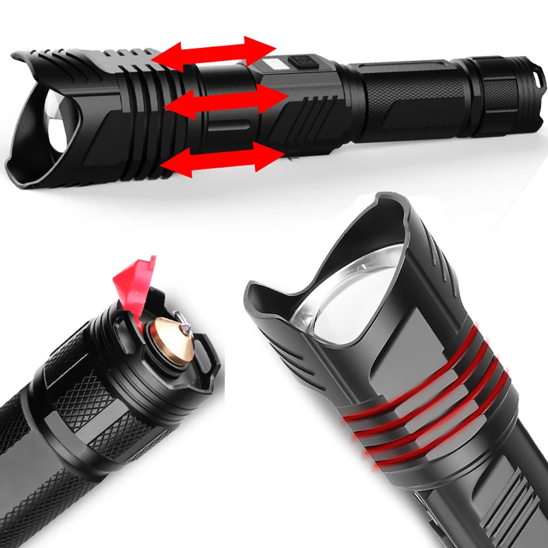 ZK20 XHP90 светодиодный фонарик с высоким люменом, с зумом, зарядка через usb, защитный молоток, ЖК-дисплей, широкий угол 18650 26650 фонарь с рюкзаком