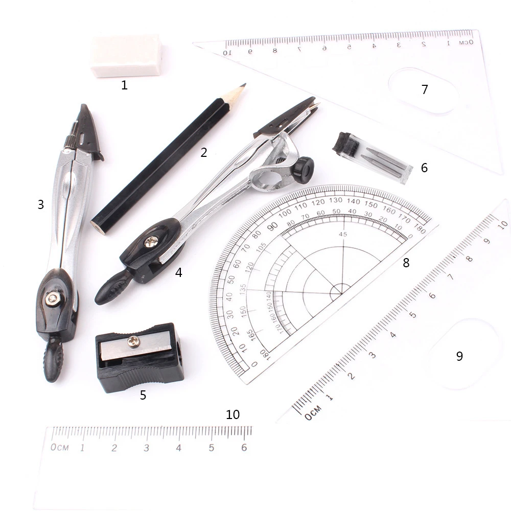 10pcs Geometry Kit Geometry Protractor for Drawing Eraser Compasses Set Math Eraser Ruler Stationery for Student School Supplies milk biscuit eraser set student creativity stationery prizes