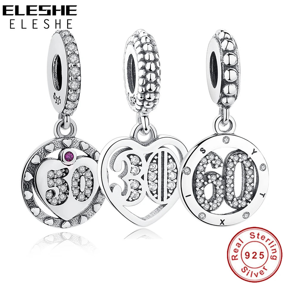 

ELESHE Authentic 925 Sterling Silver 30 Year Of Love Dangle Charm CZ Bead Fit Pandora Original Bracelet Necklace DIY Jewelry