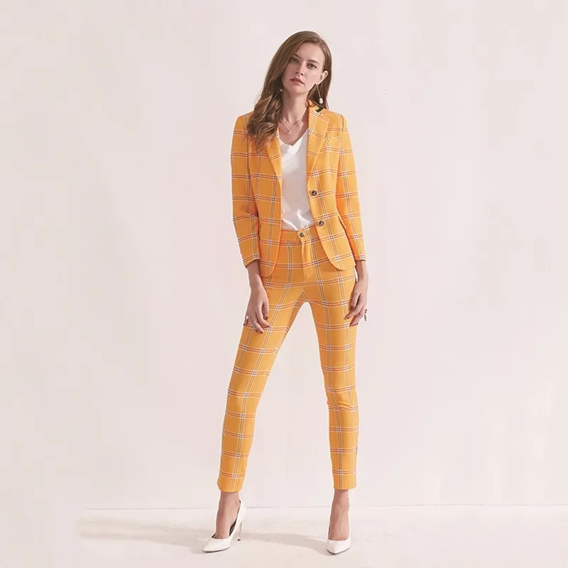 

ARiby Women Fashion High-end Two-piece Suit 2019 Early Autumn New Plaid Yellow Suit Jacket Slim Casual Pants 2 Pieces Suits