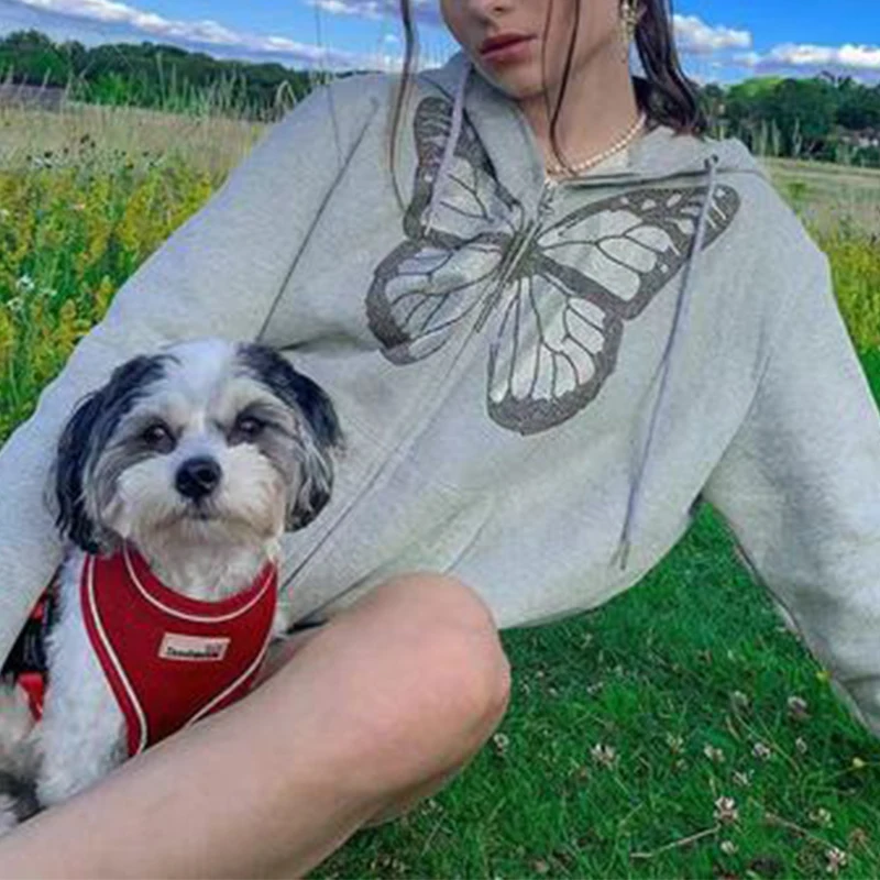 Fashion Oversized Butterfly Graphic Rhinestone Zipper Hoodie Jacket Sweatshirt E-girl 90s Streetwear Diamond Loose Casual |
