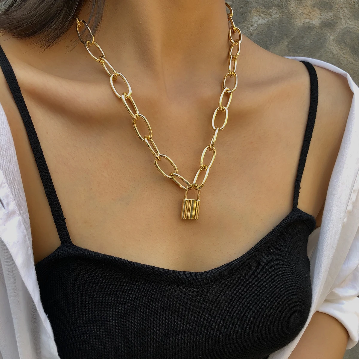 

IngeSight.Z Punk Gold Color Lock Pendant Necklace 2019 Statement Curb Cuba Chunky Thick Choker Necklace Collar for Women Jewelry