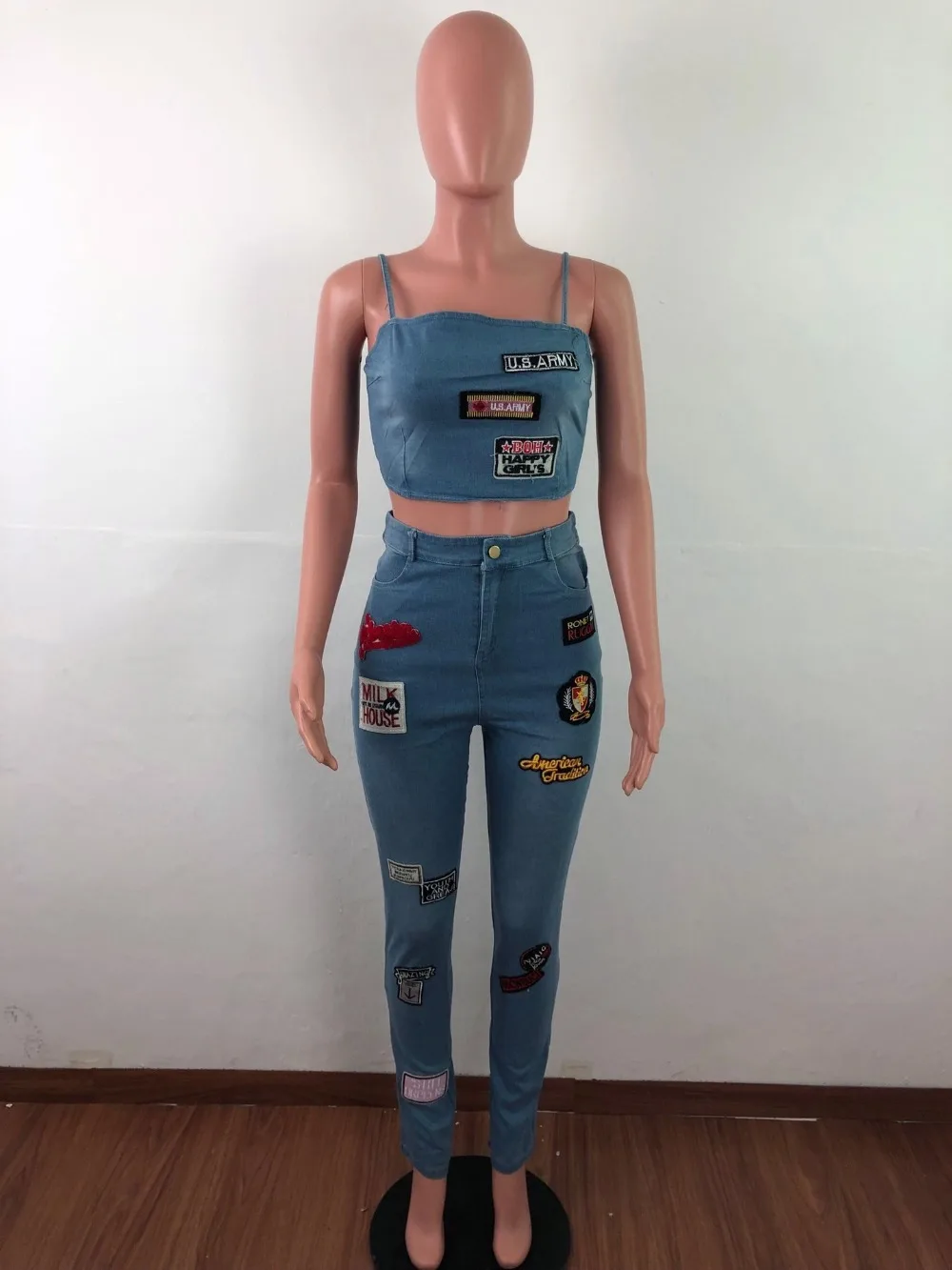 New fashion summer women set denim 2 pieces tops and long pants suit jeans appliques women set LSJ3283