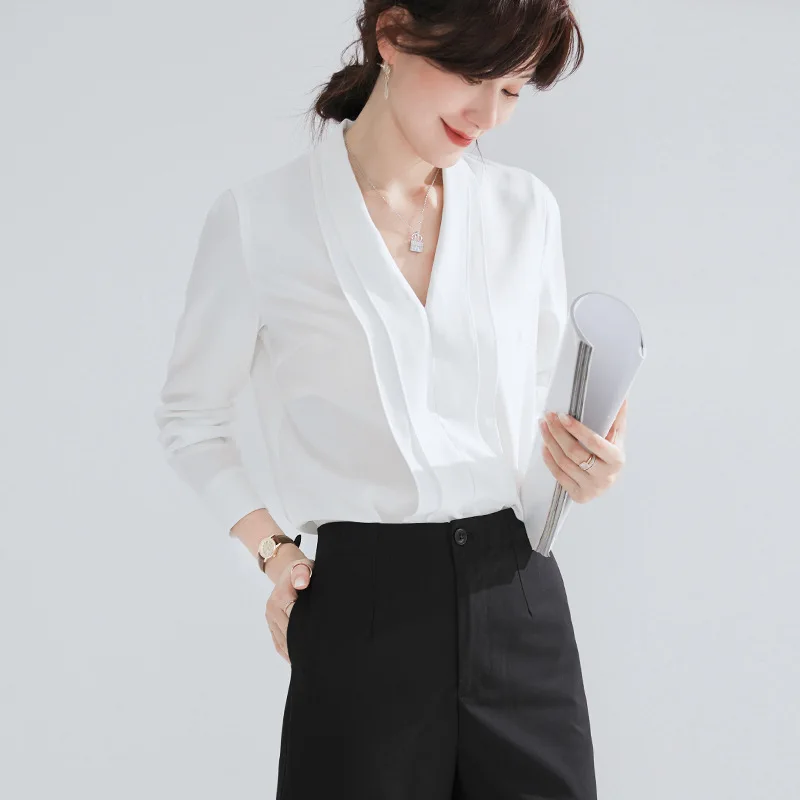 

2019 Autumn new V-neck pullover shirt ruffled wild professional dress OL commuting chiffon shirt autumn female Z0426