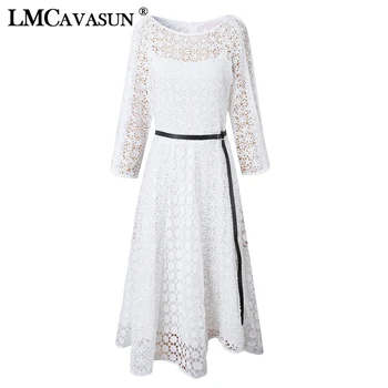 

LMCAVASUN maxi dress Autumn clothing Female 2019 new Hollow white Lace dress Formal dress ropa mujer