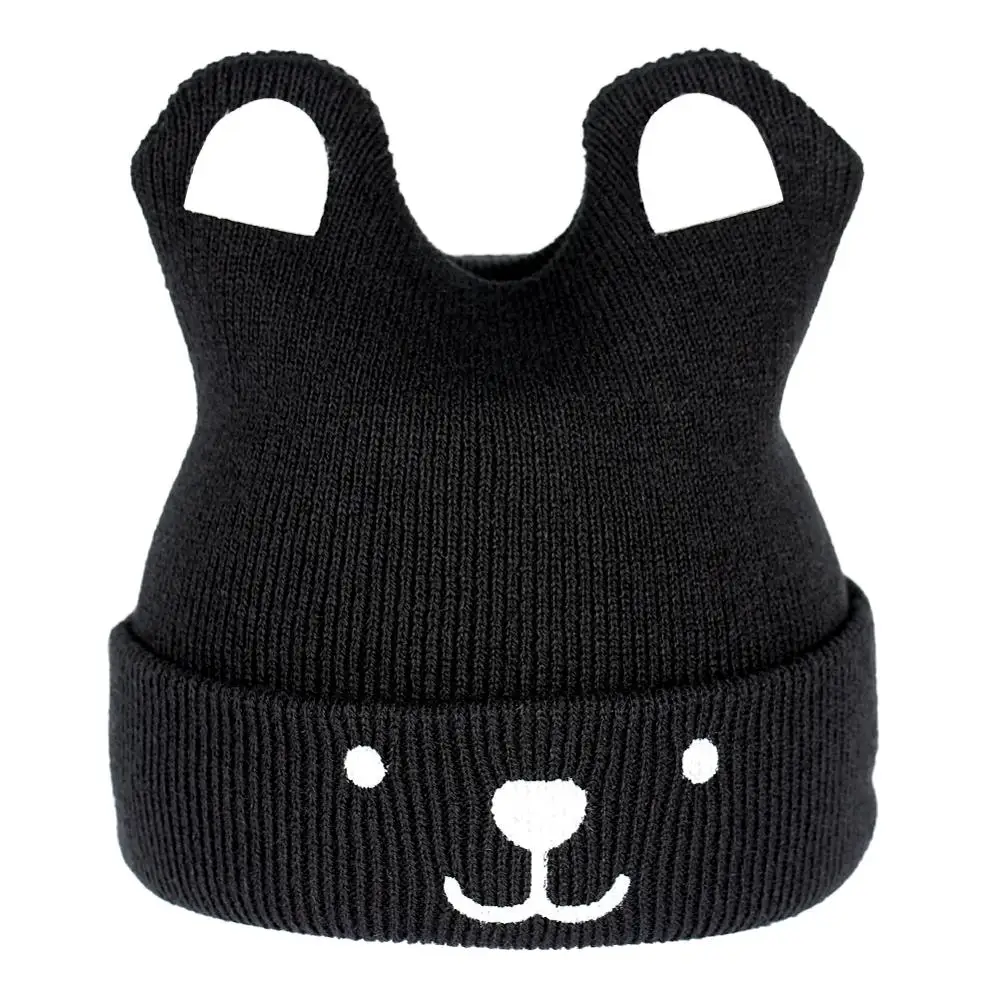 Милая шапка с собачьими ушками для маленьких девочек, зимние теплые вязаные шапки, лыжная шапочка, детская шапка с животными для новорожденных - Цвет: Черный