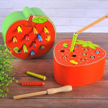 

Baby Wooden Toys 3D Puzzle Early Childhood Educational Toys Catch Worm Game Color Cognitive Magnetic Strawberry Apple