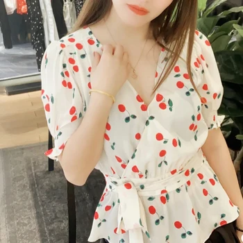 

Sweet Cherry Print women shirt V-neck Slim lace up short sleeve silk Shirt