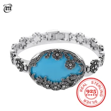 Античный 925 серебряный браслет, индивидуальная Цветочная бижутерия, большая синяя смола и Черный Кристалл, ювелирные изделия для женщин, браслет, вечерние, подарки