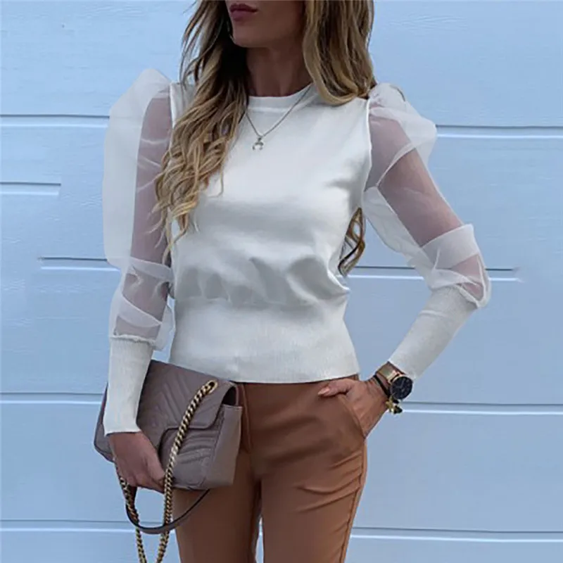 Элегантная прозрачная блузка с рукавом-фонариком, Женская Осенняя блуза в горошек с принтом, женские прозрачные пуловеры с сетчатой вставкой, топы - Color: 02 solid  White