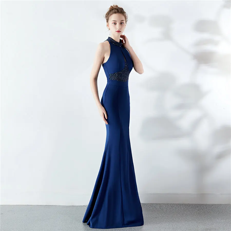 Сексуальное Деловое платье с разрезом размера плюс с открытой спиной Robe De Soiree DX282-4 женские вечерние платья с бусинами Длинные вечерние платья с лямкой на шее