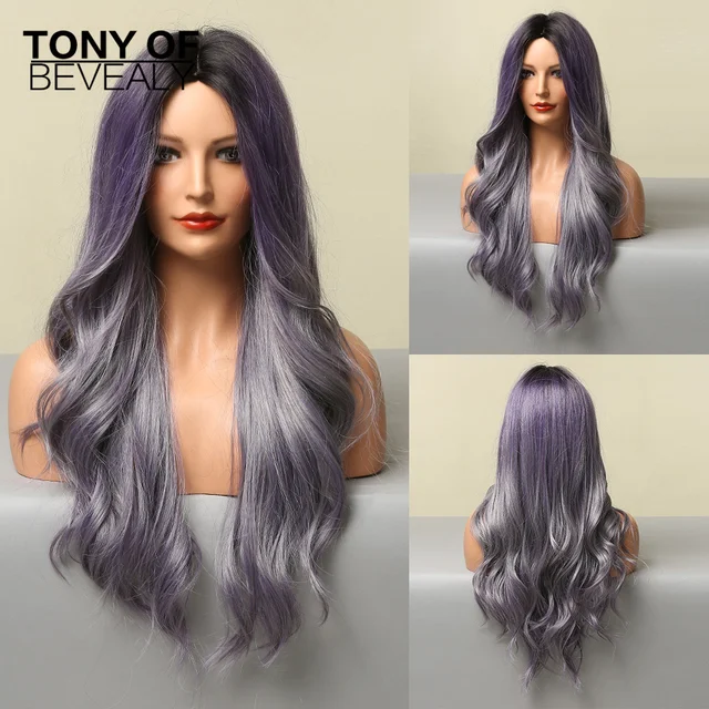 Long Water Wavy Synthetic Wigs Ombre Brown Middle Part Natural Hair Wigs For Women Cosplay Wigs Heat Resistant Fiber LC027-1