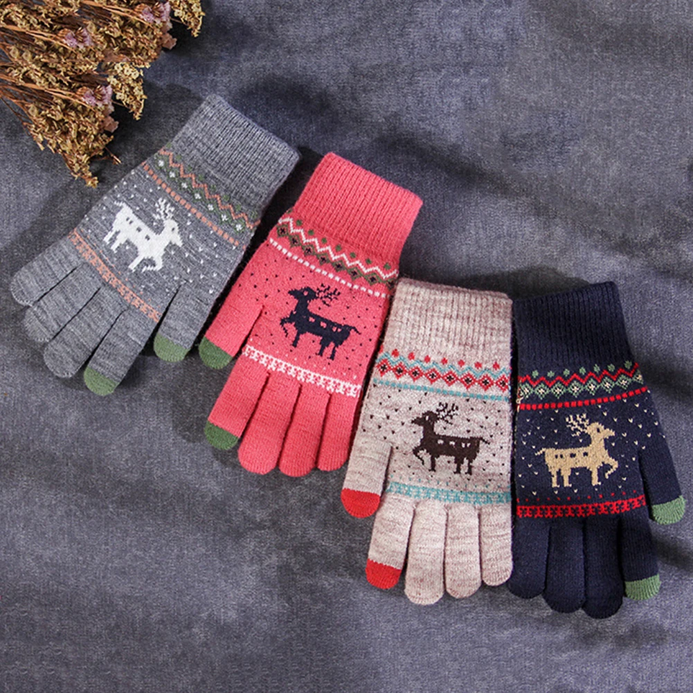 Vintage christmas deer knitted gloves women thicken touch screen gloves winter warm snow Elk full finger mittens christmas gift