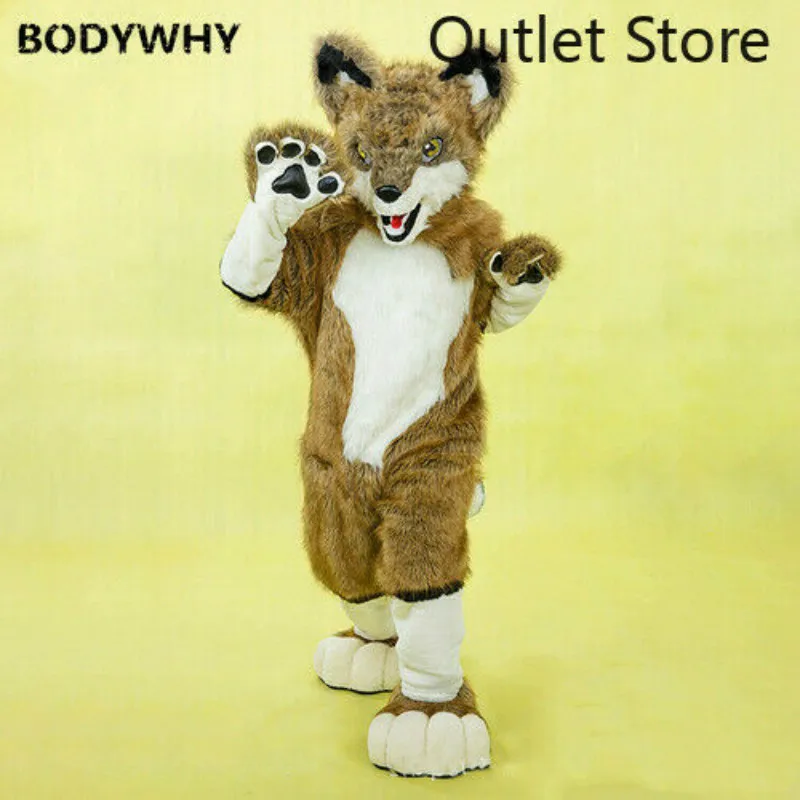 Fursuit коричневый длинный мех Хаски лиса собака Волк Талисман Костюм Косплей
