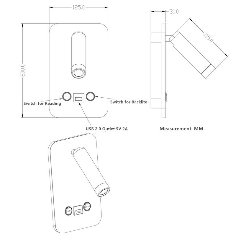 Topoch USB прикроватная лампа белый/черный 5V 2A зарядное устройство 6W светодиодный