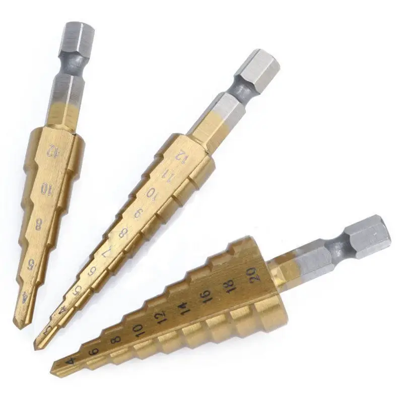 3 Pcs High-Speed Steel Step Drill Bit Set Power Tools Cone Titanium Coated Metal Hole Cutter 1/4 in