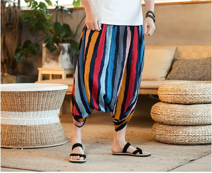 Men Summer Wide Leg Pants Bloomers Joggers Casual Loose Harem Pants Big Cross-Pants Hip hop Men Indian Nepal Baggy Pants S