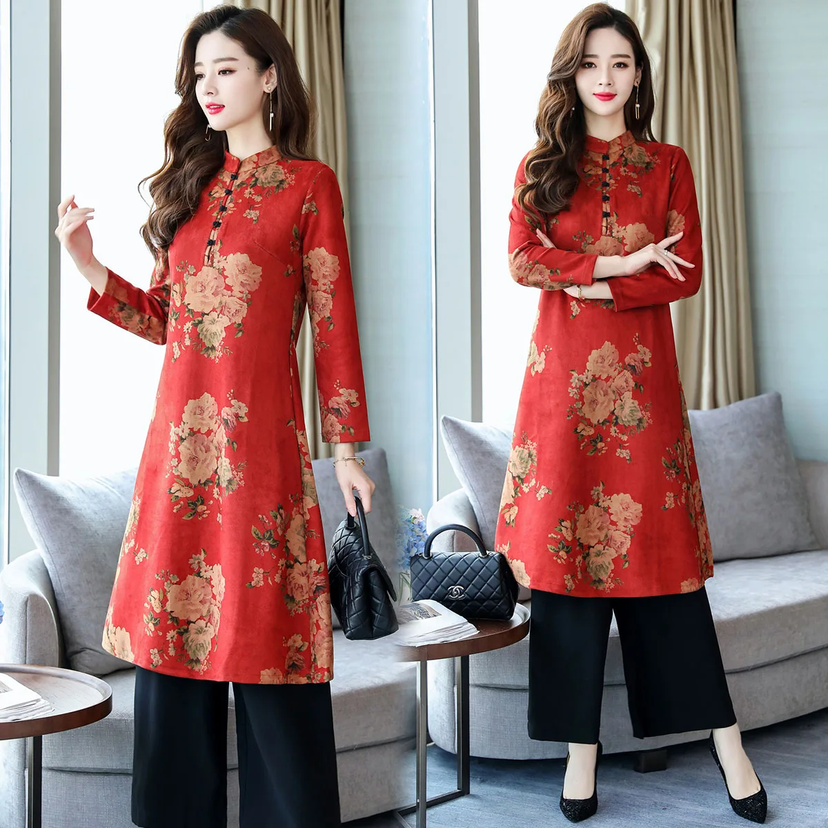 Этническая женская одежда Осень утягивающий Ретро улучшенный cheongsam платье брюки набор из двух частей костюм