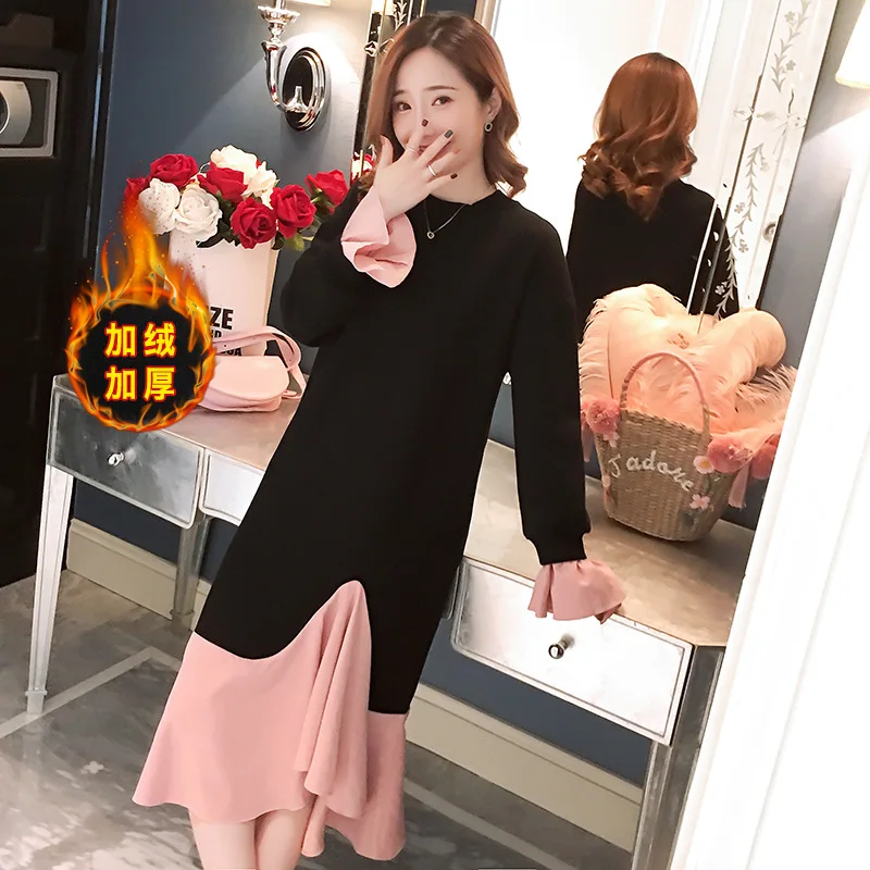 

2018 Autumn And Winter New Style Maternity Clothes Brushed And Thick Joint Flounced Lactation Garment Dress Base Shirt