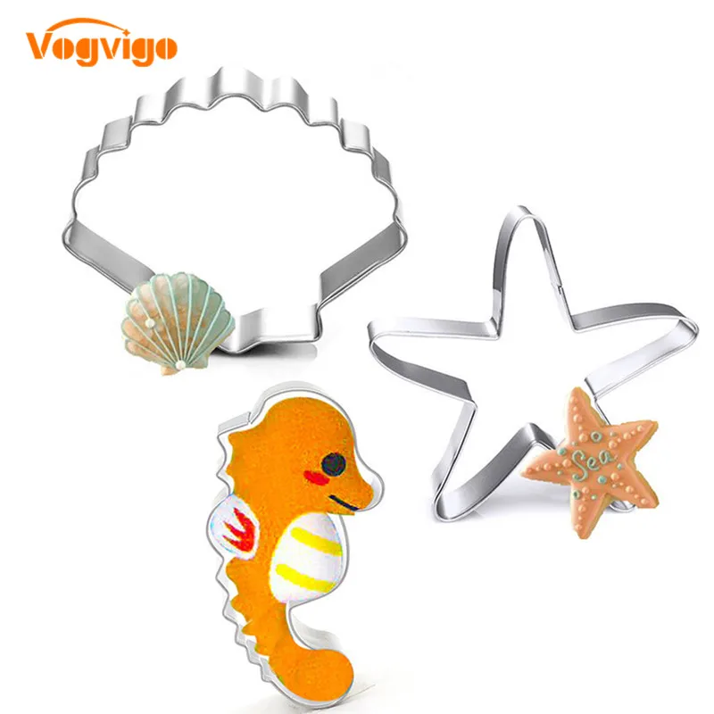 

3pcs/set Nice Shell Hippocampus Starfish New Ocean Theme Stainless Steel Cookie Cutter 3D Biscuit Cake Mold DIY Baking Tools