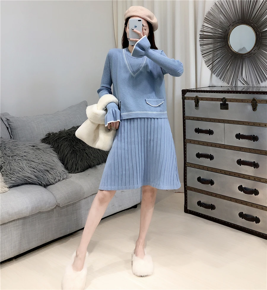 ALPHALMODA, вязаный жилет+ плиссированное платье с длинным рукавом и Рогом, женский зимний повседневный костюм из 2 предметов, пуловер, жилет с фальш-карманами+ платье, комплект