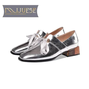 

MLJUESE 2020 women pumps autumn spring soft cow leather silver color square toe lace up high heels lady shoes party wedding