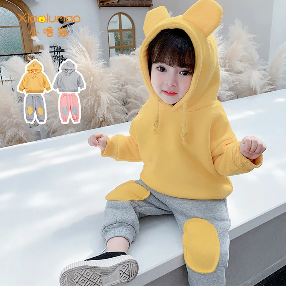 

Fluffy Hoodies Girls Sweatshirt Cute Bear Ear Cap Autumn Winter Warm Pullover Long Sleeve Outwear 2Pcs Fleece Set Fashion 3 To 8