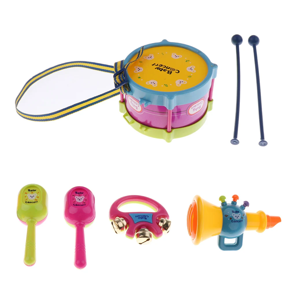 1 Set Plastic Hand Snare Drum Hand Bell Maracas Mini Trumpet for Kids Baby Toddler Preschool Musical Toys