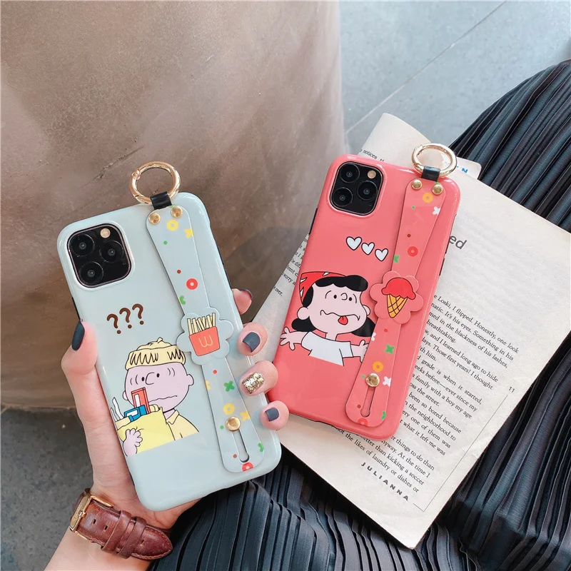 

PEANUTS Charlie Brown Lucy wrist strap for iphone 11 Pro X XR XS MAX case iphone 7 8 Plus couple pink silicone soft back cover