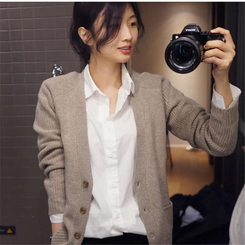 

2019 Korean-style Spring And Autumn New Style Solid Color Wool Cardigan WOMEN'S Dress V Neck Sweater Coat Short Long-sleeve Knit