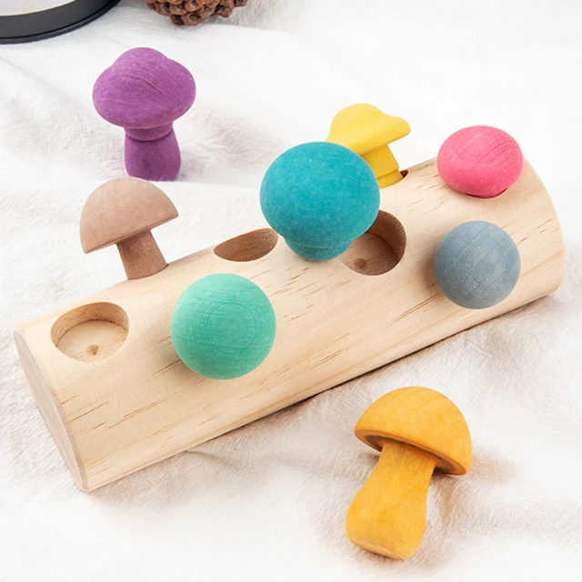 Wooden Rainbow Blocks Mushroom Picking Game Montessori Educational Wooden Baby Toys Developmental Shape Matching Assembly Grasp 4