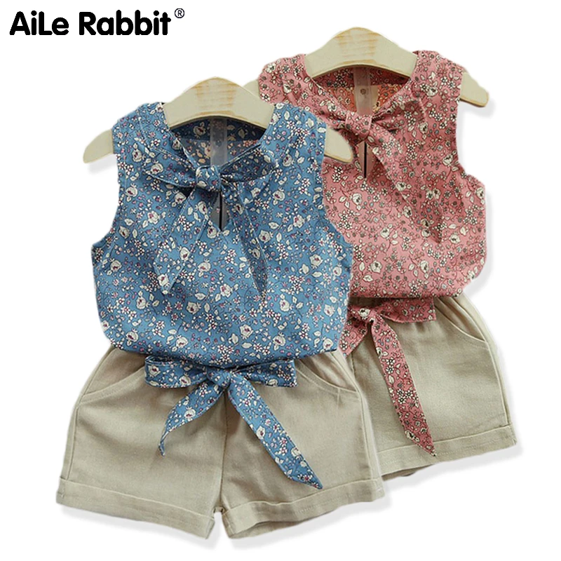 

AiLe Rabbit Girls Floral Set Sleeveless Tops Shirt Shorts 2 Piece Set Child's clothes for girls summer National style