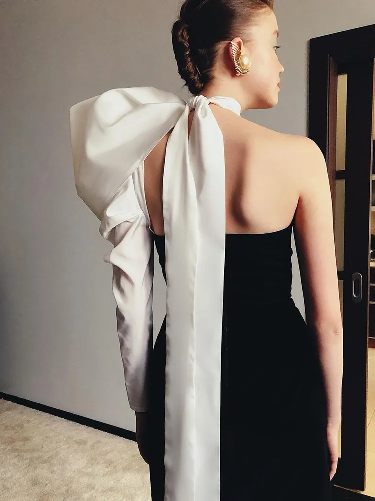 Elegante minivestido de fiesta con un solo hombro y mangas abullonadas, de patchwork, sin espalda, sexy, ajustado, para noche y club, 2025