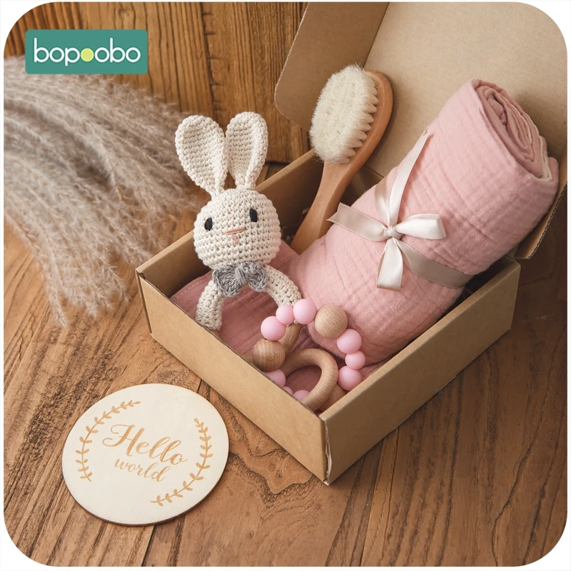 Bopoobo 1Set Bath Toys Set Kid Swaddle Wrap Baby Milestones Brush Rattle Bracelet Bibs Photography Supplies Birth Gift Product 1