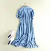 summer denim long shirt dress women button up short sleeves turn down collar pleated casual soft blue Jeans long dresses cotton ► Photo 3/6
