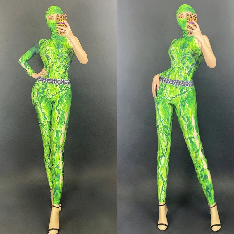 

Nightclub Hanging Ring Jumpsuit Green Printed Jumpsuit For Women Gogo Dancer Costume Stage Performance Pole Dance Outfits XS2938