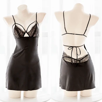 

Japanese Sexy Women's Black Lace No-rims Hollow Backless Underwear Sets Nightdress Sleepwear Sling Pajamas Intimates Set