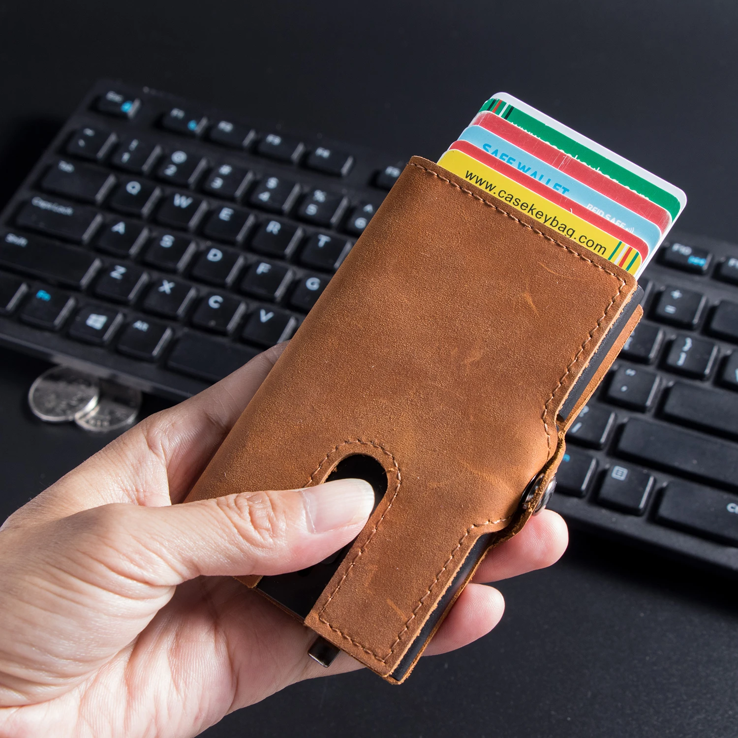 Male Woman Classic Leather Wallet RFID Anti-theft Purse Aluminum Box Card Holder Bag With Money Clip Coin Pocket