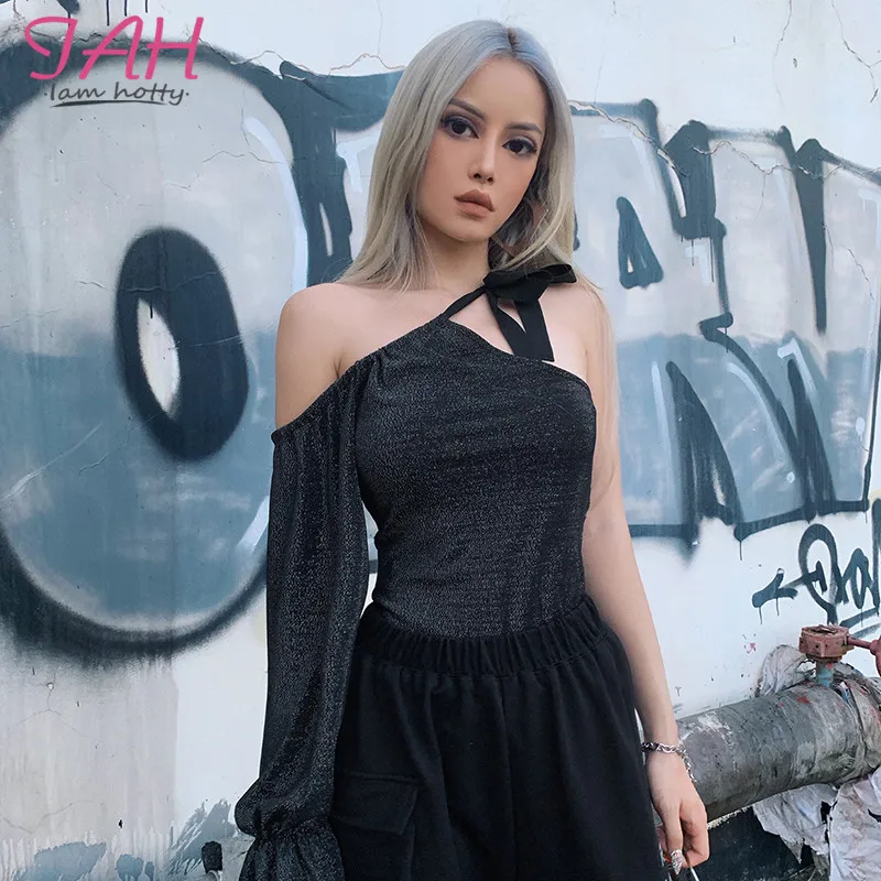 

IAMHOTTY Sexy Bandage One Shoulder Bodysuit Black Backless Club Shining Body Suits For Women Puff Sleeve Solid Short Jumpsuit