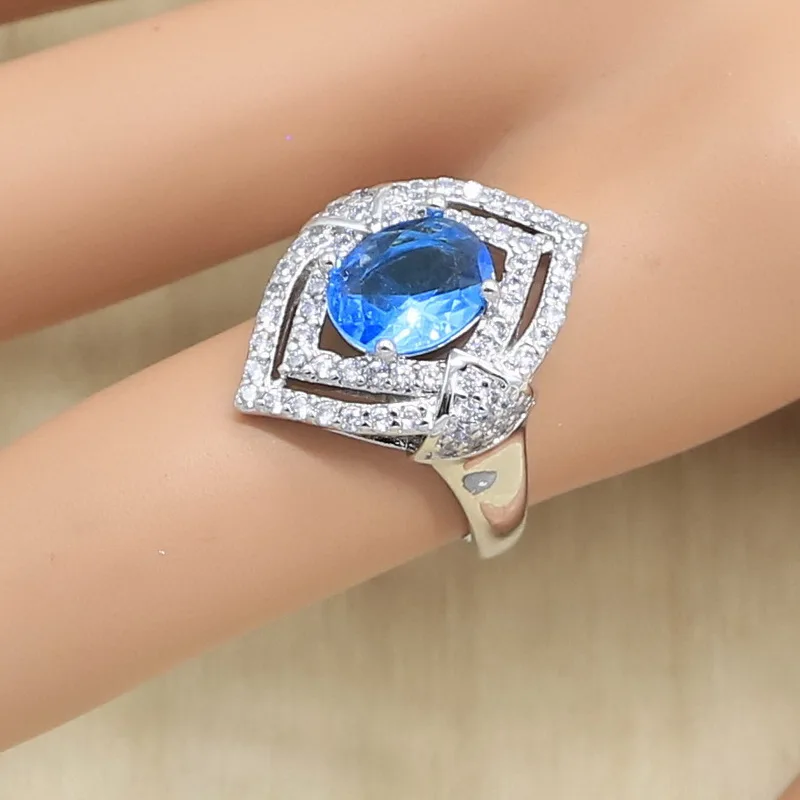 925 серебряные свадебные украшения комплекты для женщин голубые циркониевые серьги Подвеска Ожерелье Кольцо Подарочная коробка для браслета