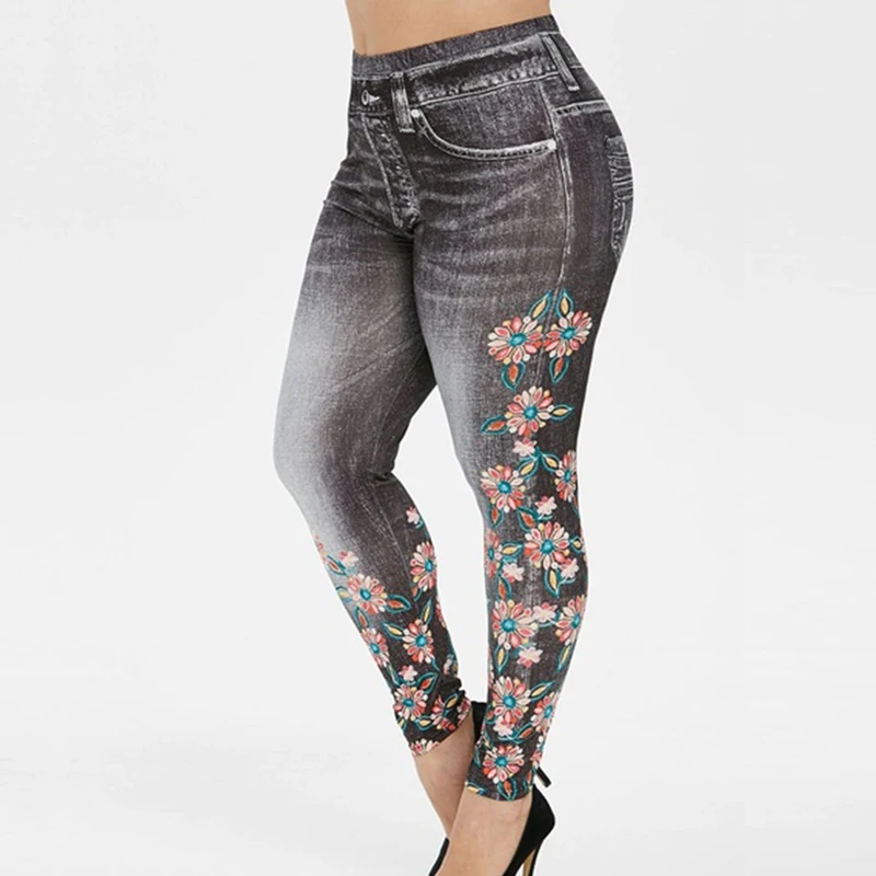 Sfit женские джинсы с завышенной талией и цветочным принтом, имитация джинсовой ткани, облегающие повседневные леггинсы, обтягивающие бесшовные леггинсы