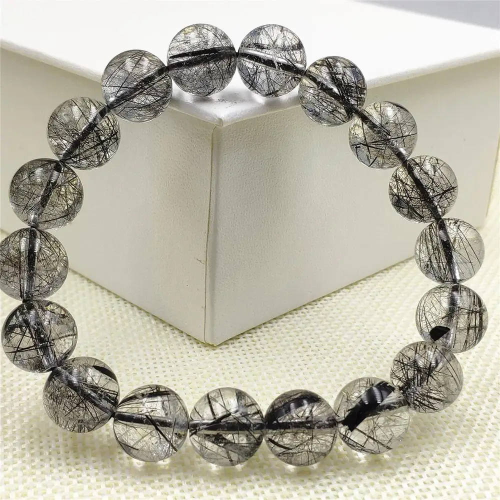 

12mm Natural Black Rutilated Quartz Crystal For Women Men Clear Round Beads Wealthy Stone Bracelet From Brazil AAAAA