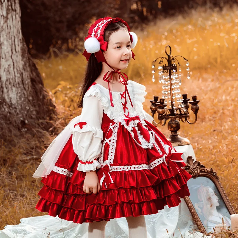 New Girls Lolita Princess Dress Autumn Velvet Red Ruffle Dress Christmas Halloween Kid Dresses Clothes Sweet Cute Birthday