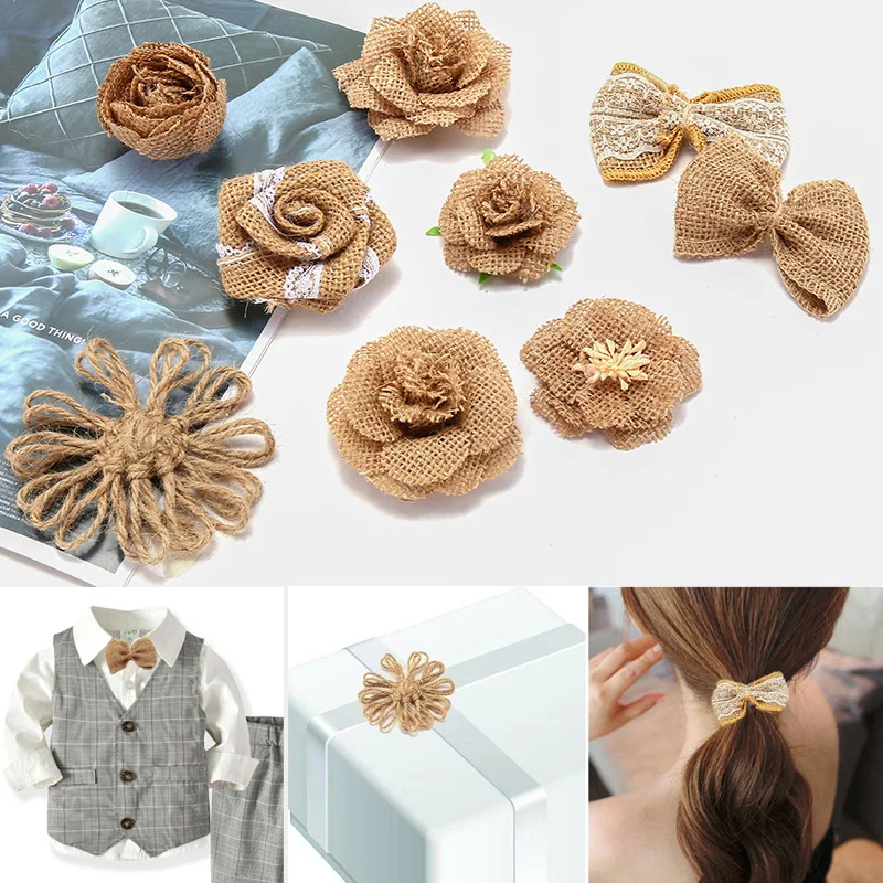 9X Jute Burlap Flower Rustic Handmade DIY Craft Lovely Bowknot Ornament Christmas Decorations Gift