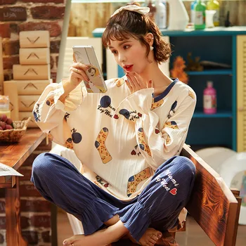 

Autumn Women Pajamas Set New Cotton Large Size 2XL Loose Printed Long Sleeve Sleepwear Casual Homewear Female Pyjamas Trendy