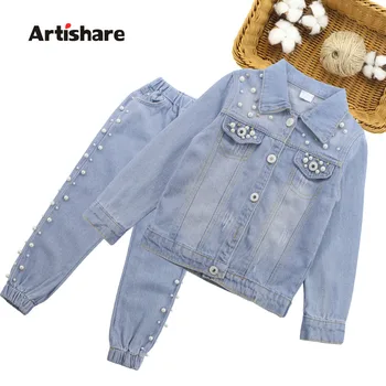 

Kids Girls Clothes Set Pearl Decoration Jacket + Jeans 2PCS Girl Set Clothes Casual Style Children Clothing For Girls 6 8 10 12