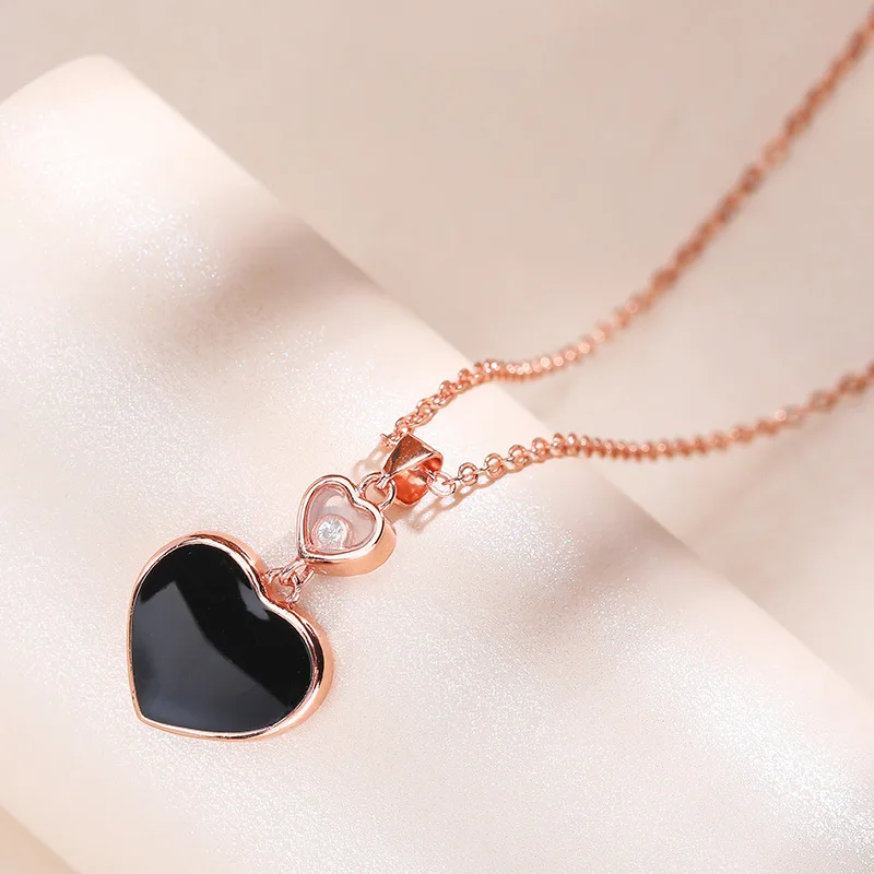 

S925 Fine Silver Natural Black Heart Necklace Women's Choker Heart Online Celebrity MORI Series Choker Elegant Versatile Accesso
